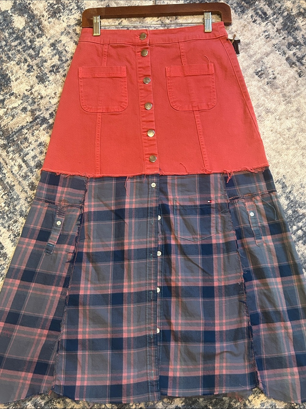 Upcycled coral denim and plaid button shirt skirt - Picture 7 of 8